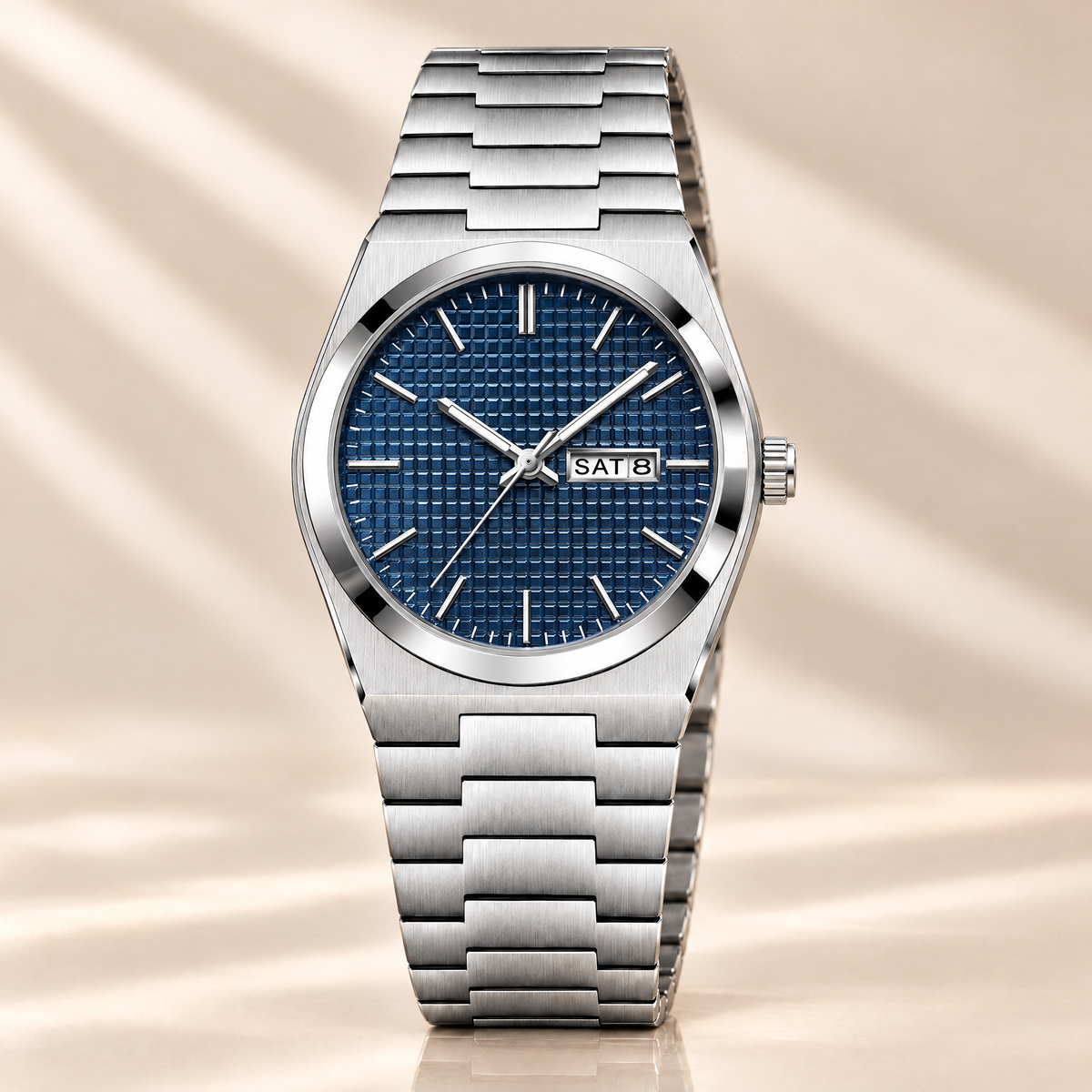 38mm day-date quartz watch in navy blue