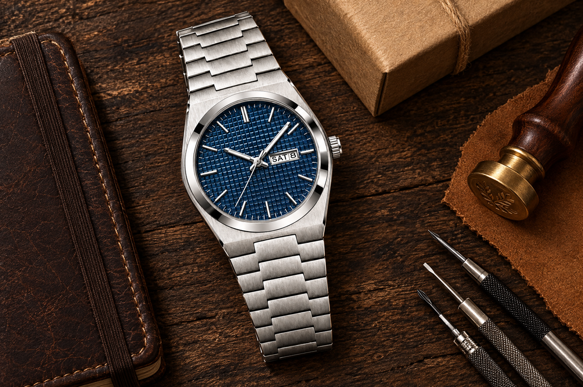 Navy blue day-date quartz watch - flat lay
