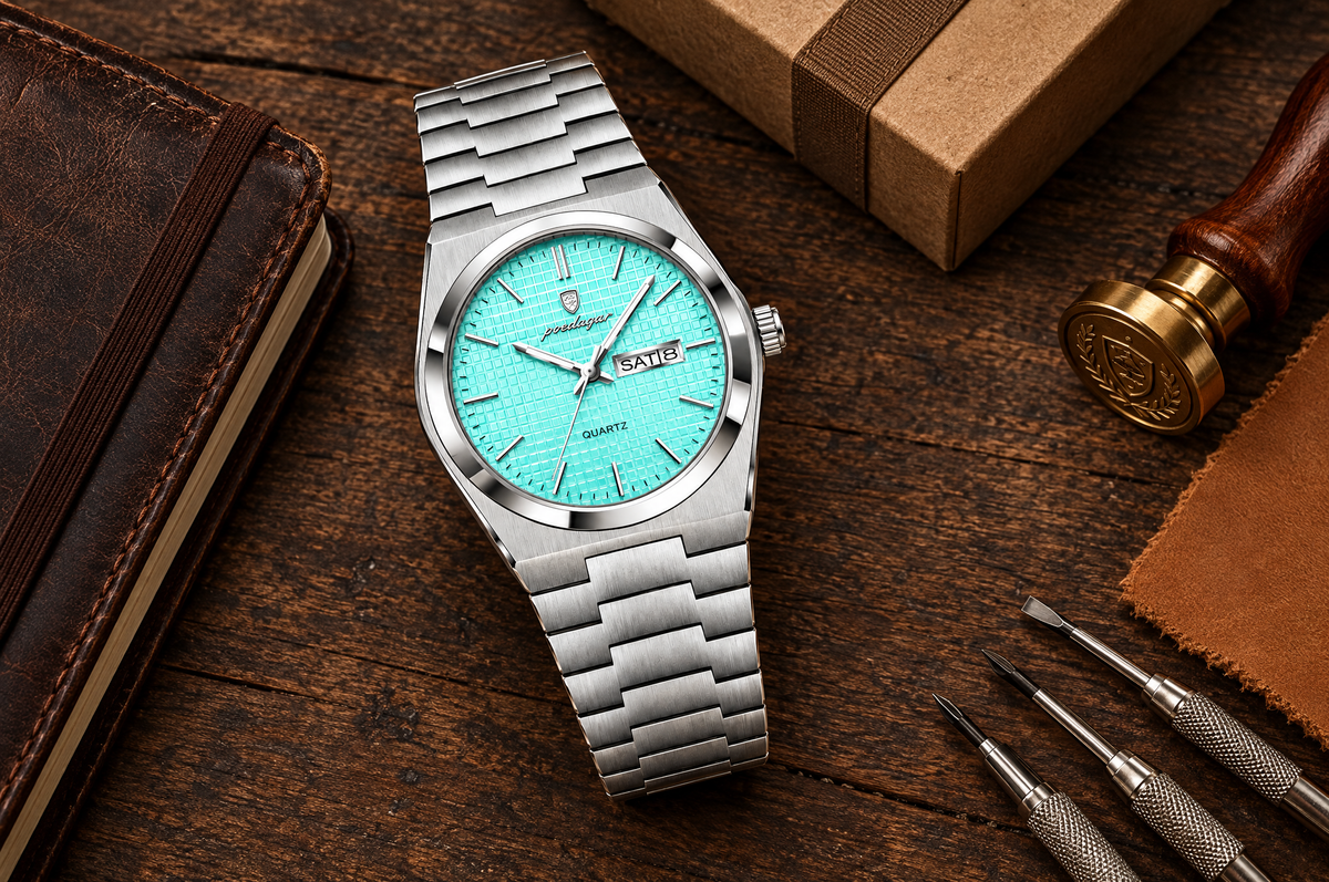 Turquoise day-date quartz watch - flat lay
