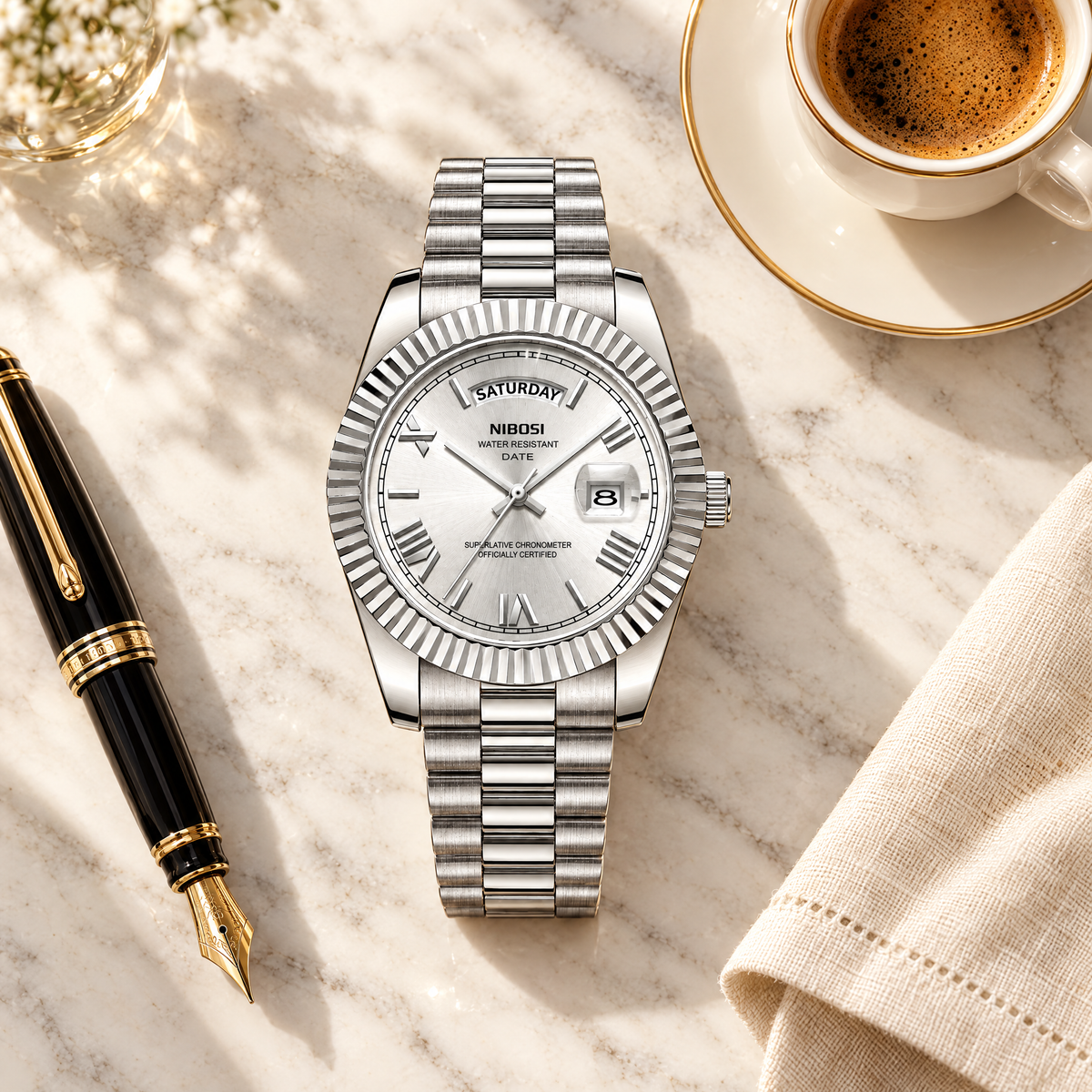 Silver dial day-date watch on marble