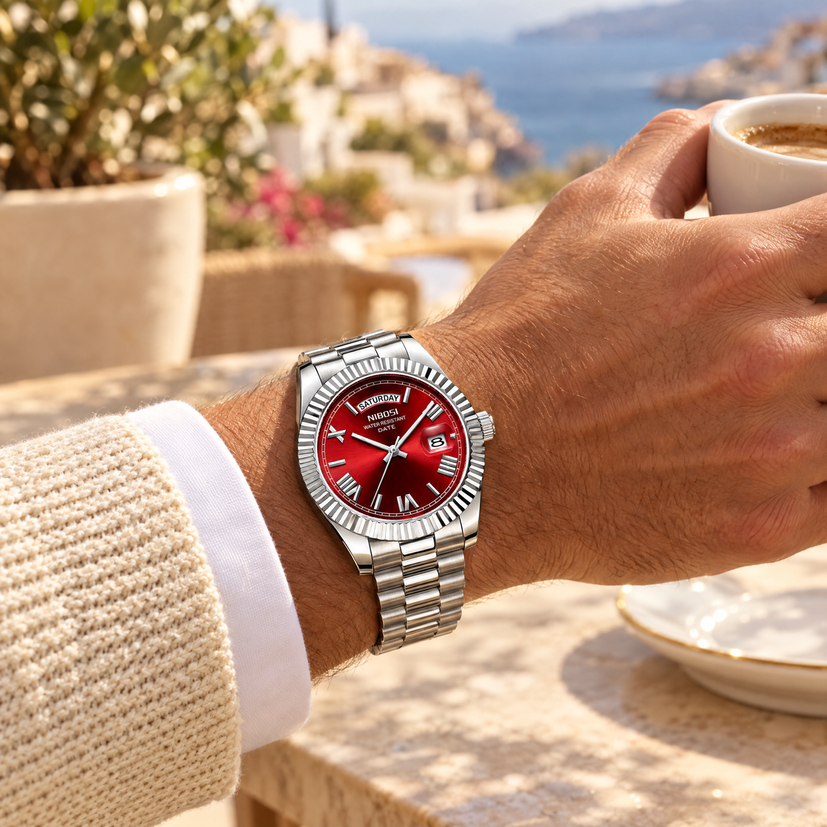 Red dial day-date watch on the wrist