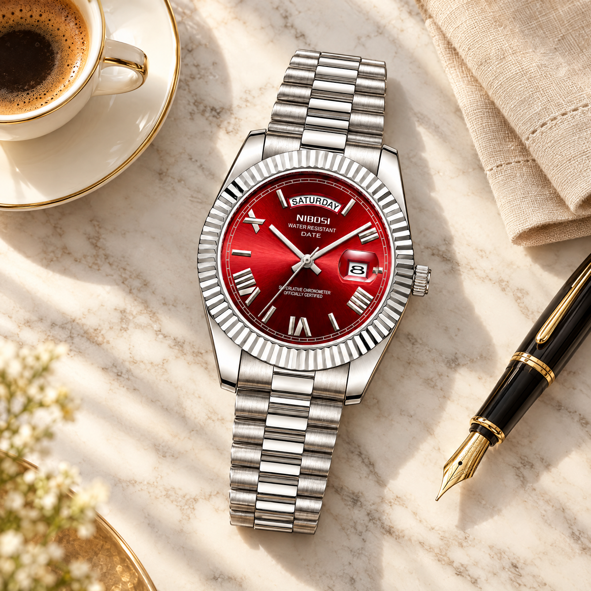 Red dial day-date watch on marble