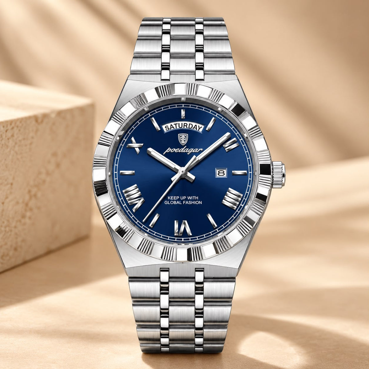 Luminous Day-Date Quartz Watch – Stainless Steel Bracelet