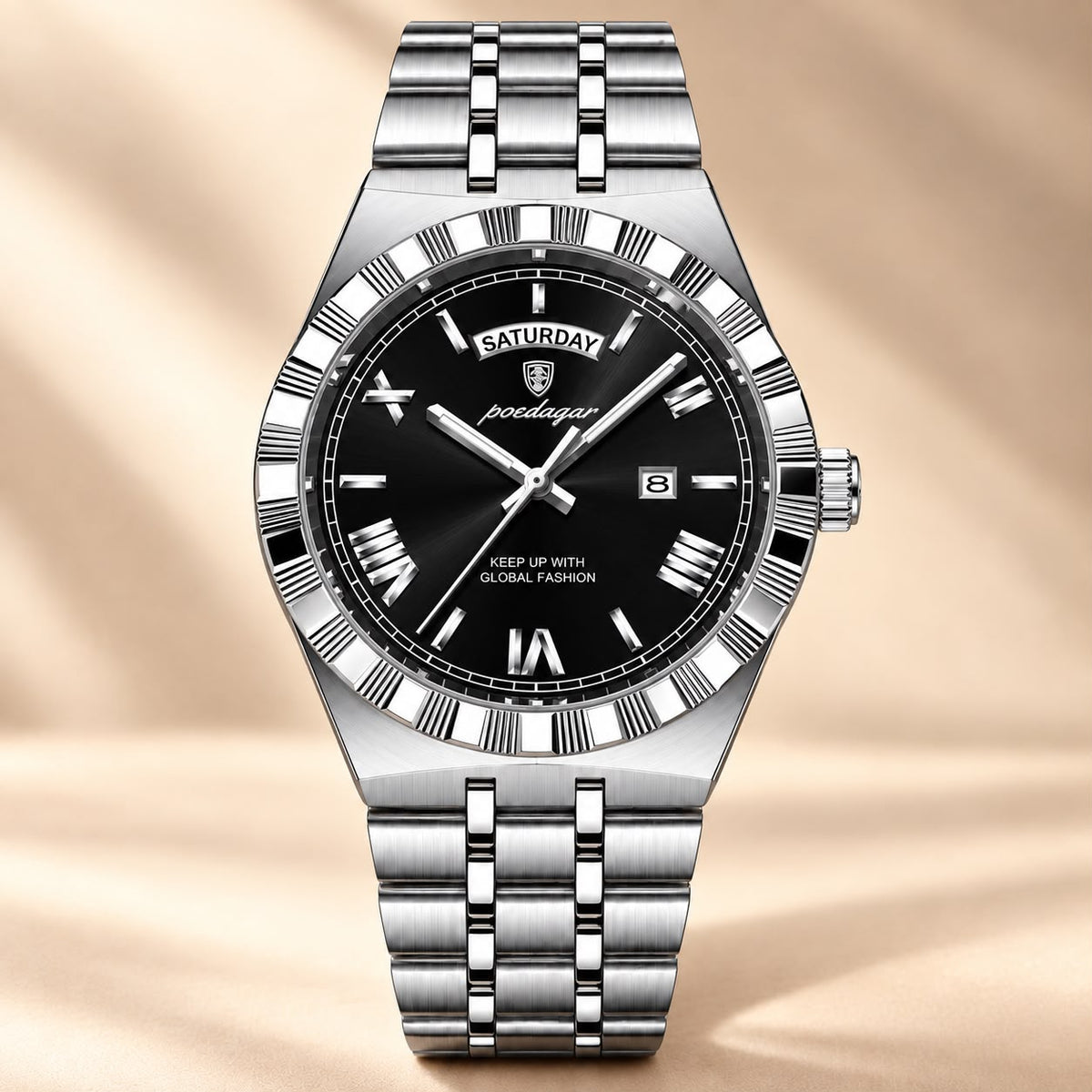Luminous Day-Date Quartz Watch – Stainless Steel Bracelet