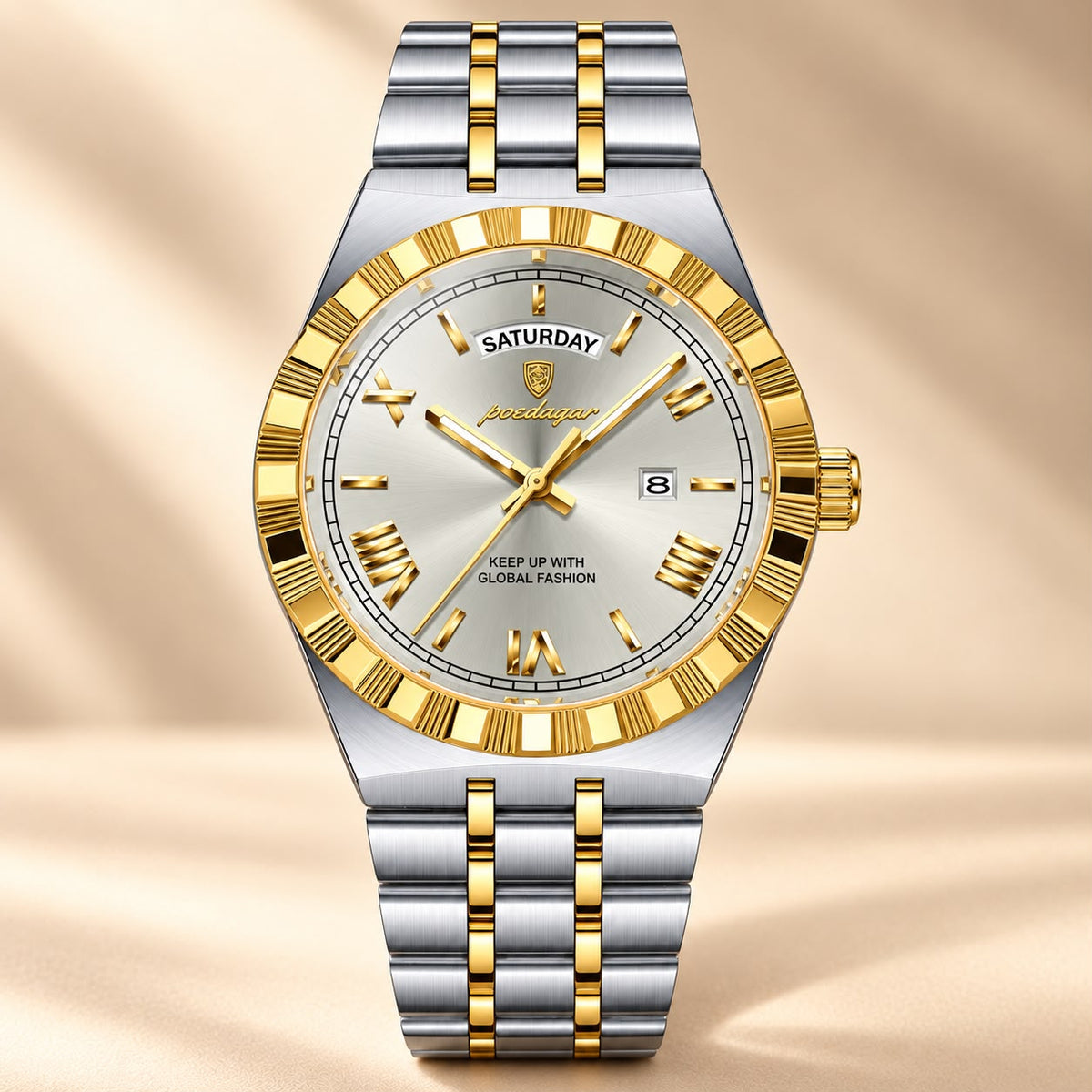 Luminous Day-Date Quartz Watch – Stainless Steel Bracelet