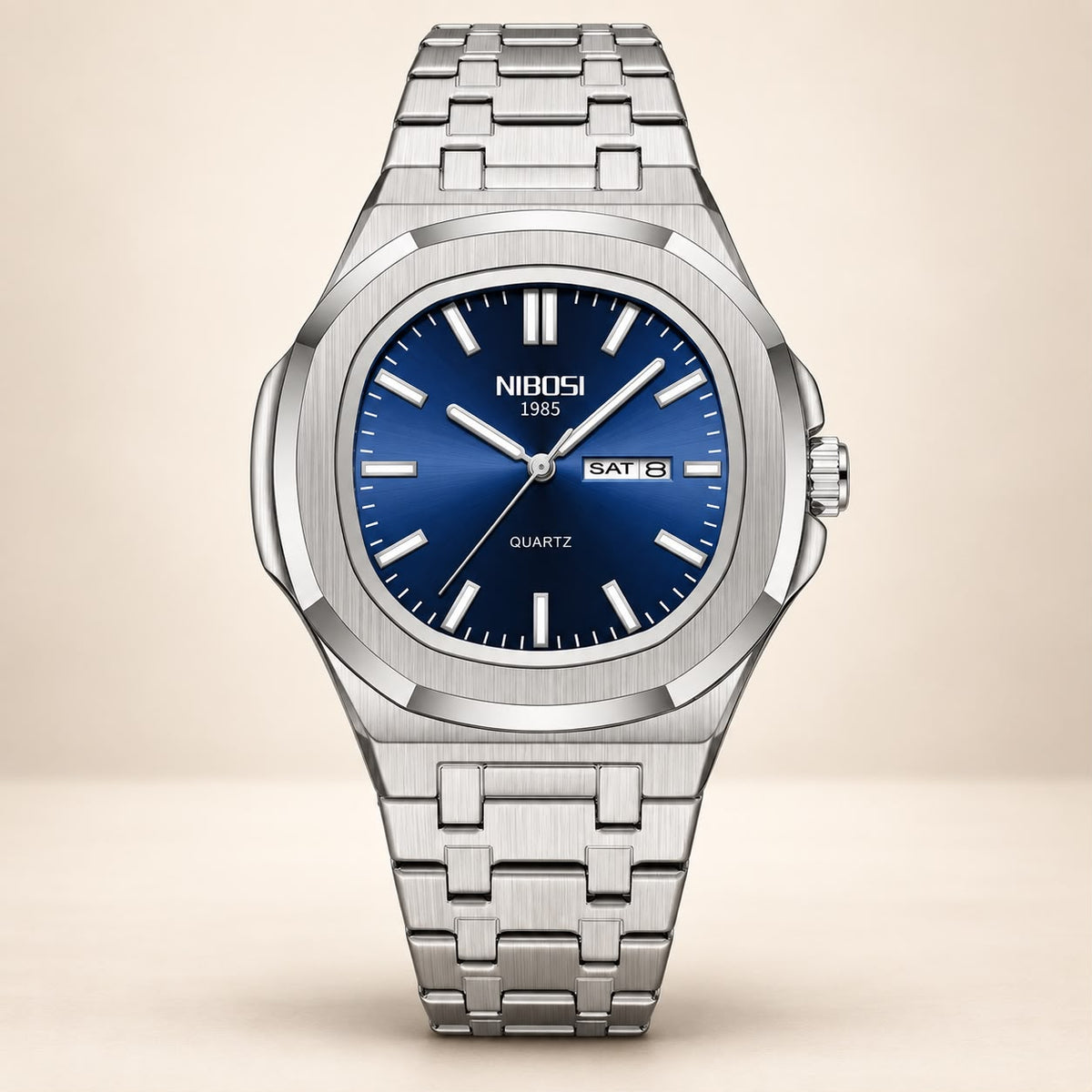 NIBOSI 42mm Stainless Steel Day-Date Quartz Watch