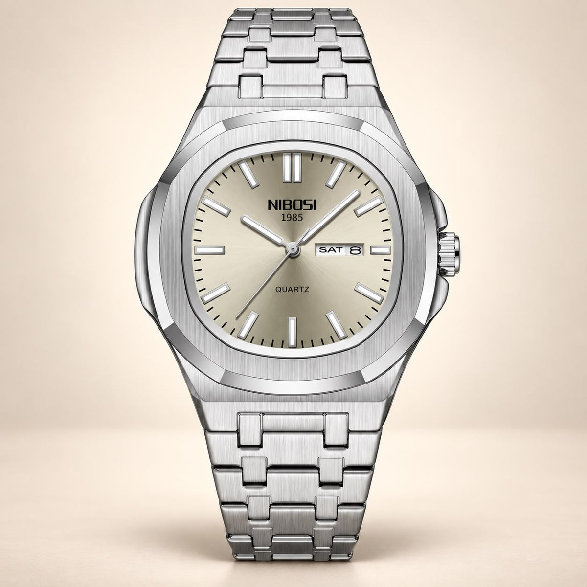 NIBOSI 42mm Stainless Steel Day-Date Quartz Watch