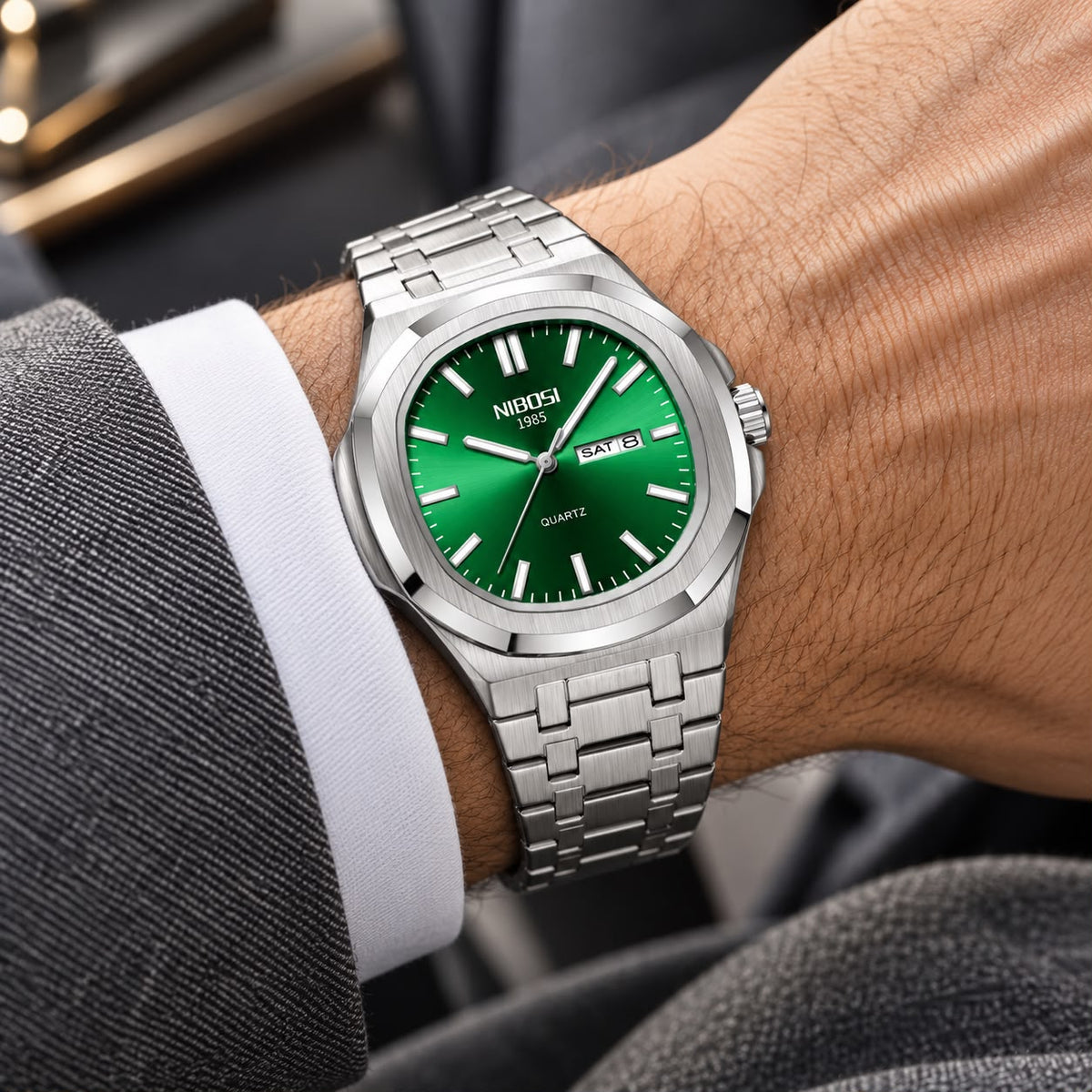 NIBOSI 42mm Stainless Steel Day-Date Quartz Watch