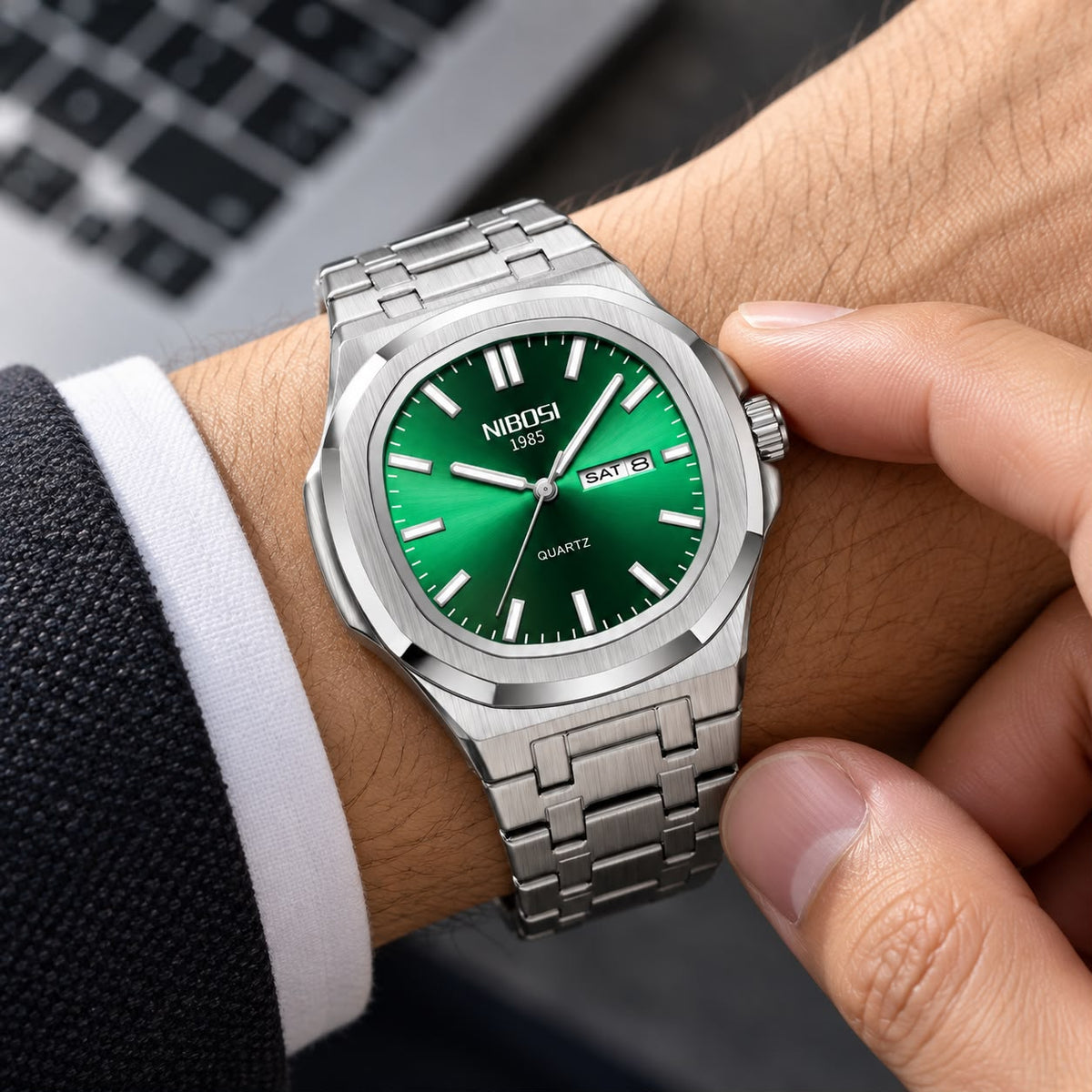 NIBOSI 42mm Stainless Steel Day-Date Quartz Watch
