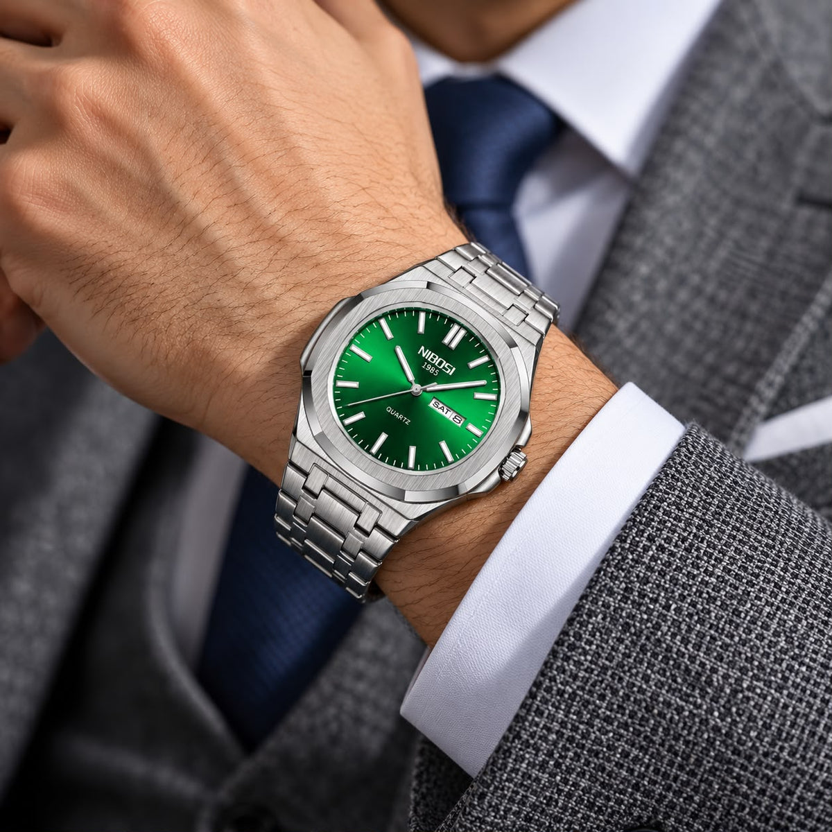 NIBOSI 42mm Stainless Steel Day-Date Quartz Watch