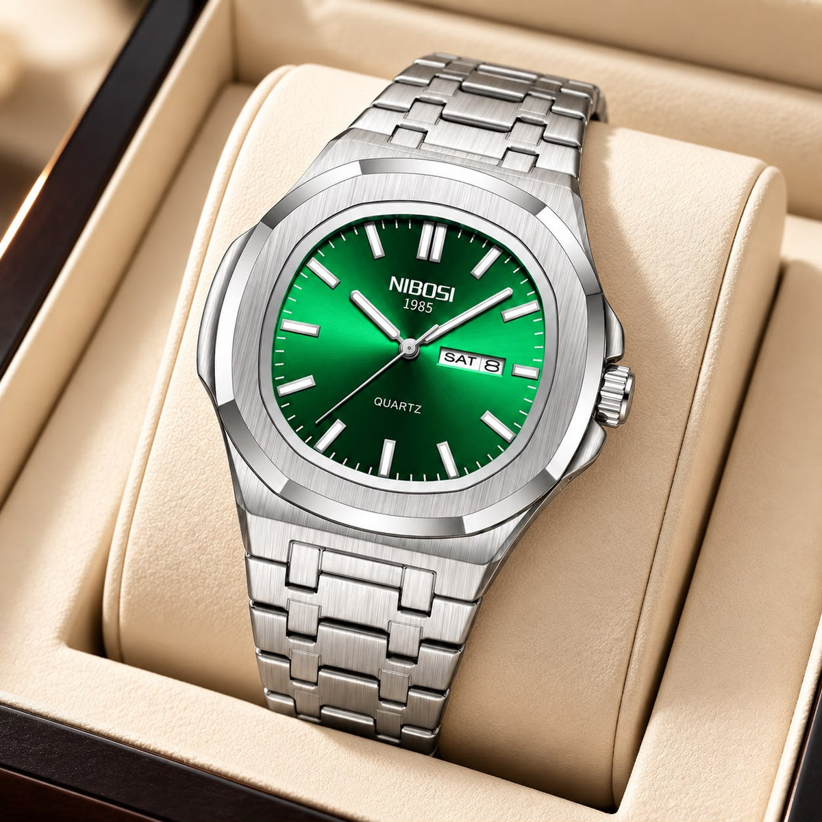 NIBOSI 42mm Stainless Steel Day-Date Quartz Watch