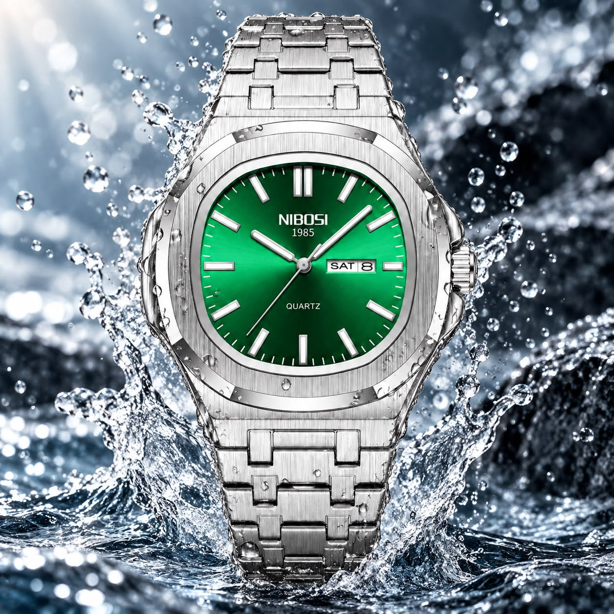 NIBOSI 42mm Stainless Steel Day-Date Quartz Watch