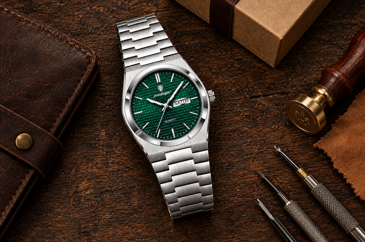 Emerald green day-date quartz watch - view 3