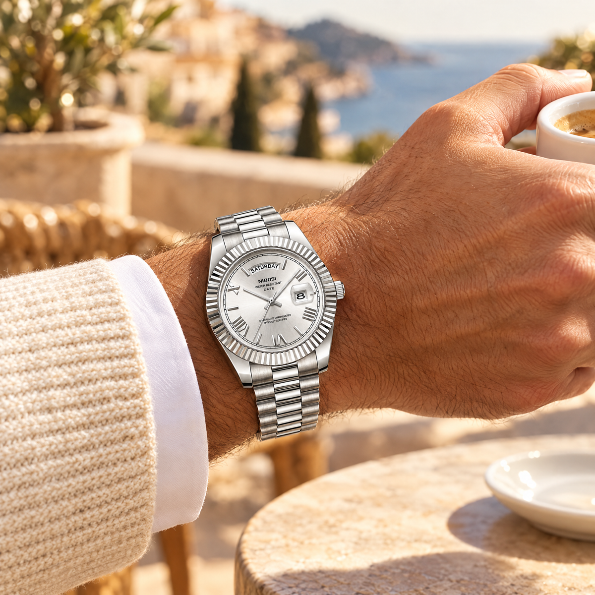 Silver dial day-date watch on the wrist